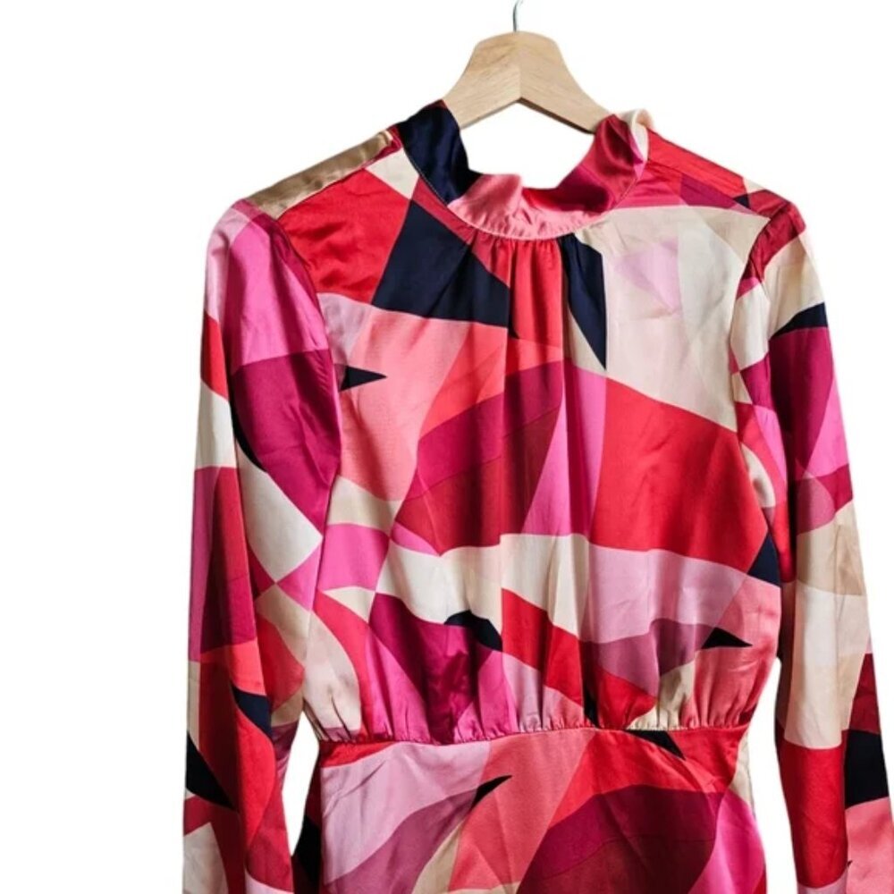 FATE Long Sleeve Pink Multicolor Puzzle Me Satin Mini Dress Size Medium (326) - Picture 4 of 6